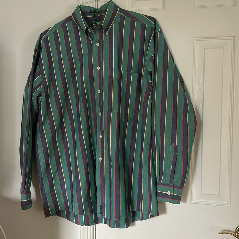 Izod Men’s Striped Green and Black Casual Button Down Shirt L